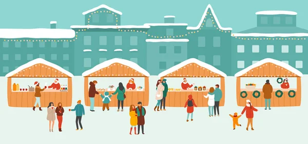 Vector illustratie van een kerstmarkt of Vakantiewoningen buiten beurs op stadsplein — Stockvector