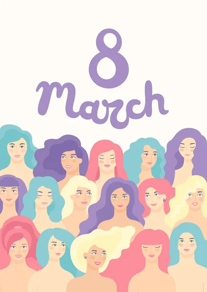 Vektor-Design für den internationalen Frauentag am 8. März mit verschiedenen Frauen. — Stockvektor