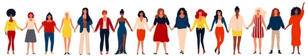 Diverse international group of happy women or girls standing together and holding hands. — Stock Vector