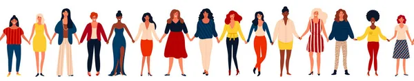 Frontière transparente moderne avec un groupe international de femmes ou de filles heureuses debout ensemble et tenant la main . — Image vectorielle
