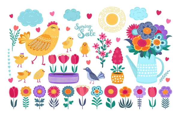 Lente set. Hand getekend bloemen, vogels en kalligrafie op witte achtergrond. — Stockvector