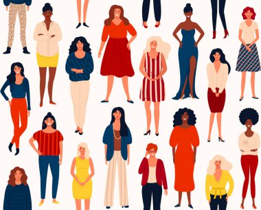 Mutlu kadın veya kız ayakta farklı uluslararası grup desenle sorunsuz vektör.