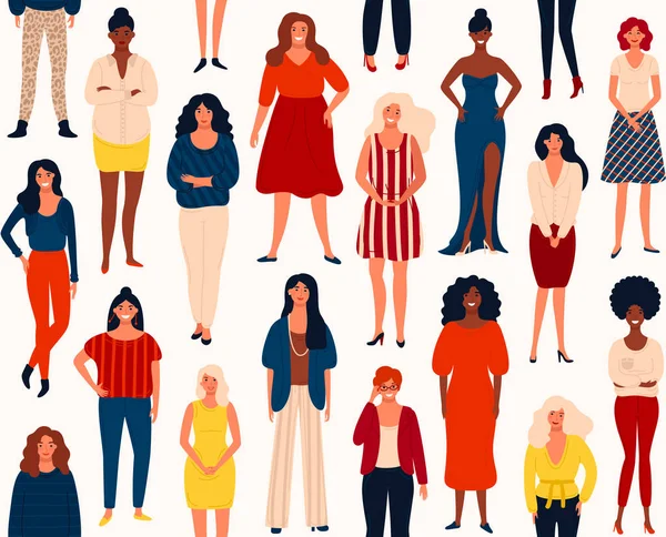 Mutlu kadın veya kız ayakta farklı uluslararası grup desenle sorunsuz vektör.