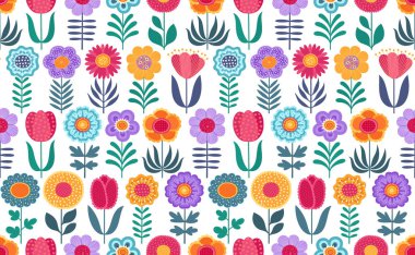 Çiçekli beyaz arka plan üzerinde renkli komik sorunsuz vektör desen.