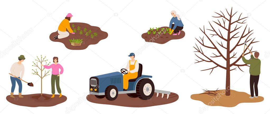 Set of happy farmers working on farm planting crops, plant a tree, plowing the field, pruning tree branches. Flat vector illustrations isolated on white background.