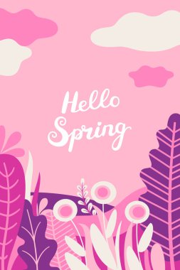 Yaprak, çiçekler ve metin için kopya alanı ile soyut vektör arka plan. Parlak düz yay illüstrasyon.