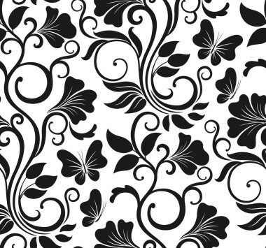 Çiçekler ve yaprakları ile lüks Dikişsiz grafik arka plan. Floral vektör deseni.