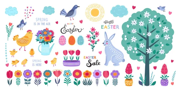 Набір елементів дизайну Великодня. Рука намальовані яйця, курка, квіти, тюльпани, птахи, кролик і каліграфія на білому тлі . — стоковий вектор
