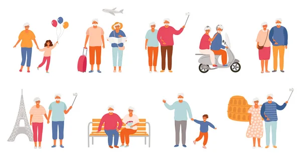 Conjunto de idosos estilo de vida ativo. Personagens de idosos. Os idosos passam tempo com seus netos, viajando pelo mundo, andando no parque e em uma scooter de motor . —  Vetores de Stock