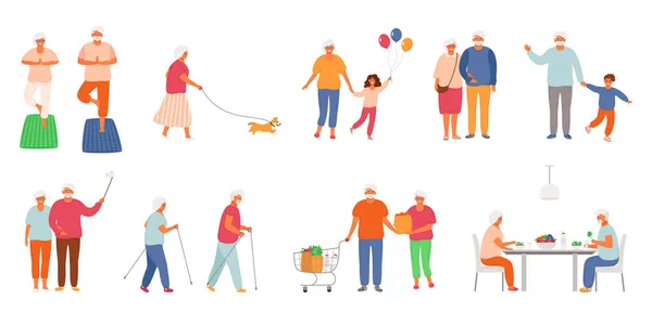 Zestaw aktywnego stylu życia seniorów. Postacie osób starszych. Starzy ludzie jedzą zdrową żywność, robią jogę, Nordic Walking, spacerują swoim zwierzakiem, spędzają czas z wnukami, podejmują selfie. — Wektor stockowy