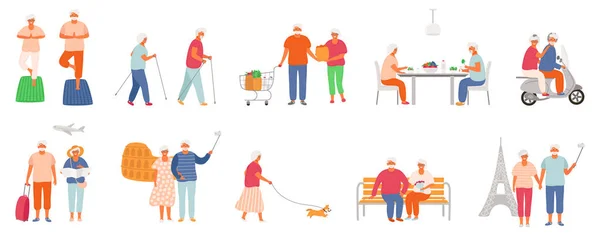 Uppsättning av aktiv livsstil seniorer. Äldre personer tecken. Gamla människor äter hälsosam mat, gör yoga, stavgång, reser i världen, gå deras husdjur. — Stock vektor