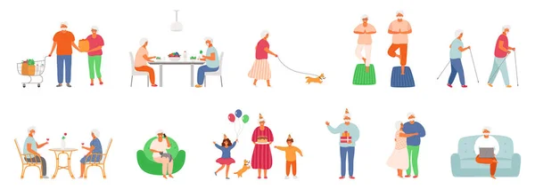 Set of active lifestyle seniors. Elderly people characters. Old people eat healthy food, do yoga, walk their pet, visit a cafe, use a laptop, talk on the phone, celebrate a birthday with family. — Stock Vector