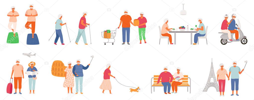 Set of active lifestyle seniors. Elderly people characters. Old people eat healthy food, do yoga, nordic walking, traveling the world, walk their pet.