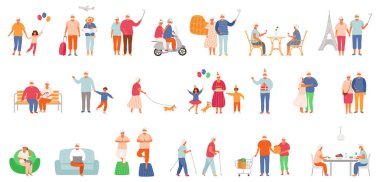 Aktif yaşam tarzı son sınıf ların büyük bir set. Yaşlı insanlar karakterleri. Büyükbaba ve büyükanne beyaz arka plan izole.