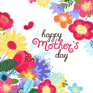 Anneler günü tebrik kartı. El yazısı metin mutlu anne günü ve düz tarzda renkli çiçekler ile Anneler günü arka plan.