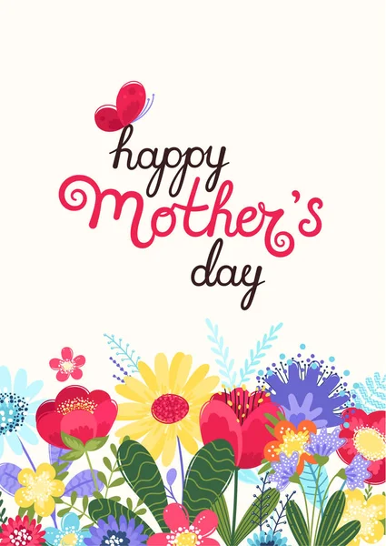 Anneler günü tebrik kartı. El yazısı metin mutlu anne günü ve düz tarzda renkli çiçekler ile Anneler günü arka plan.