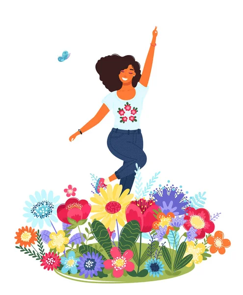 Modelo de vetor com mulher feliz e flores. Ilustração vetorial colorida plana moderna . —  Vetores de Stock