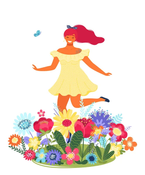 Vektor mall med lycklig kvinna och blommor. Modern platt färgglad vektor illustration. — Stock vektor