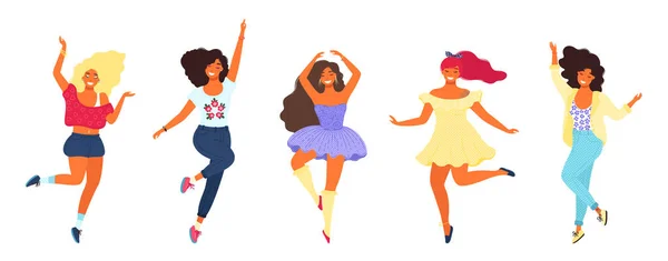 युवा सुंदर लड़कियों नृत्य का बंडल। आधुनिक फ्लैट रंगीन वेक्टर चित्र . — स्टॉक वेक्टर