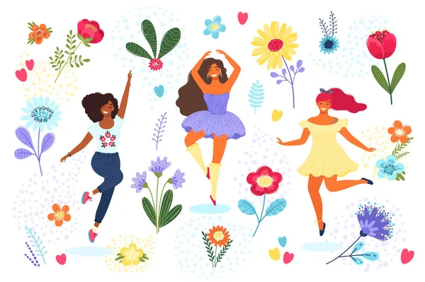 Vector template with happy women and flowers. Modern flat colorful vector illustration. Young pretty girls with different colors of hair and skin surrounded by flowers. — Stock Vector