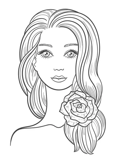 Elegant line art of a beautiful young woman with flower in her hair. — Stock Vector