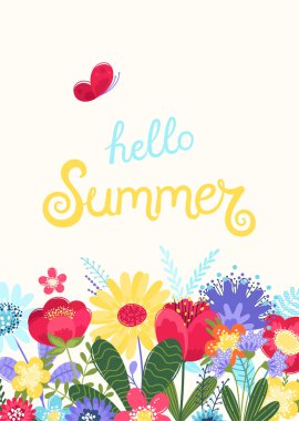 Çiçek ve kelebek ile Merhaba yaz arka plan vektör. Beyaz arka planda yalıtılmış düz tarzda elle çizilmiş metin ve çiçeklerle vektör çizimi.