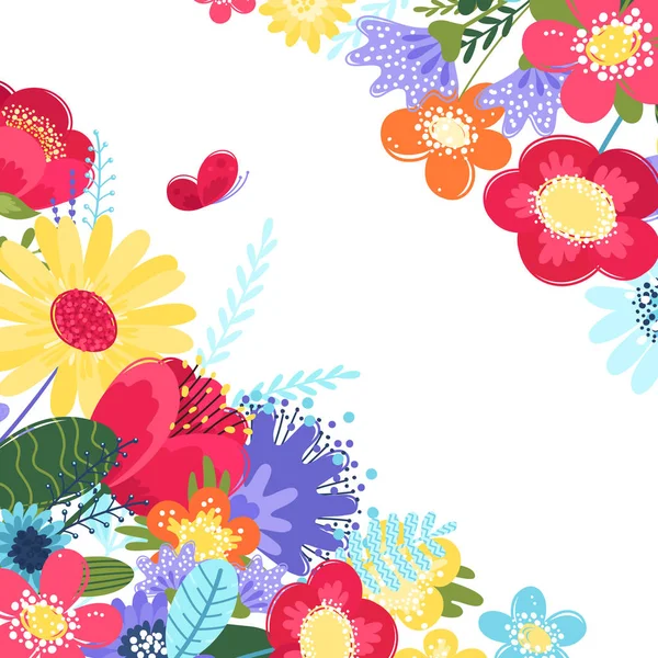 Vector de fondo de verano con flores y una mariposa. Ilustración vectorial con flores de estilo plano aisladas sobre fondo blanco . — Vector de stock