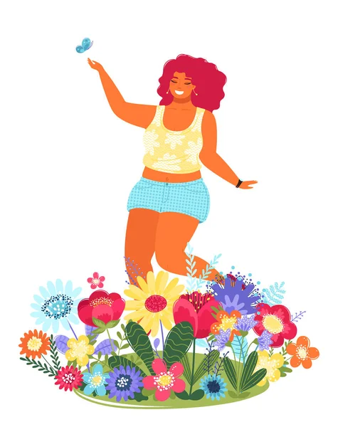 행복한 여자와 꽃 벡터 템플릿입니다. 현대 평면 다채로운 벡터 일러스트레이션입니다. 흰색 배경에 고립 된 꽃으로 둘러싸인 젊은 예쁜 소녀. — 스톡 벡터