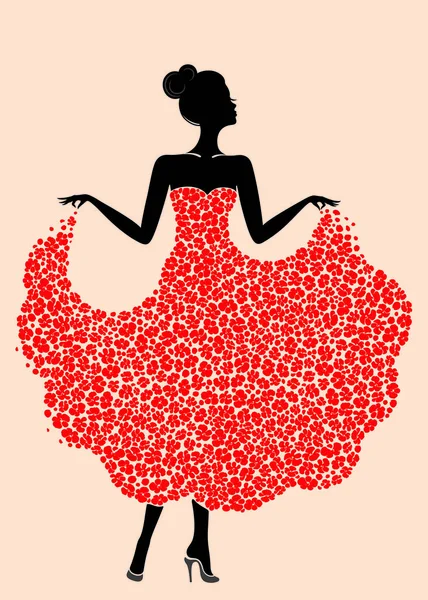 Joven hermosa bailarina en vestido de flores. Silueta de mujer elegante aislada sobre fondo rosa. Ilustración vectorial . — Archivo Imágenes Vectoriales