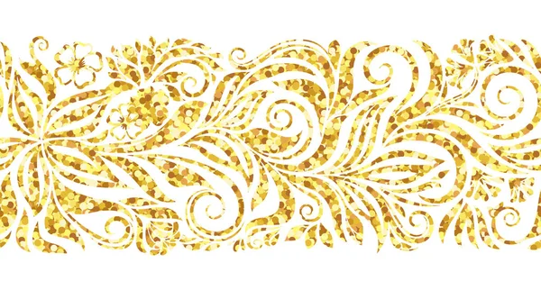 Sparkle glitter gold seamless border. Decorative swirls and flowers pattern on white background. Design for frames, tape, ribbon. — Stock Vector