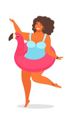 Yüzme için kauçuk yüzük ile bir mayo bir kız ile yaz arka plan vektör. Beyaz arka planda izole düz tarzı sevimli vektör illüstrasyon.