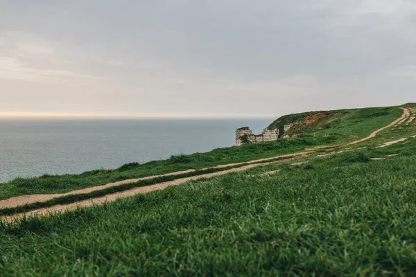 Beautiful Green Meadow Cliff Sea Etretat France — Free Stock Photo