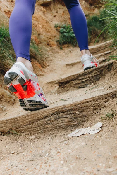 Partial View Athletic Girl Sneakers Running Stairs Etretat France — Stock Photo, Image