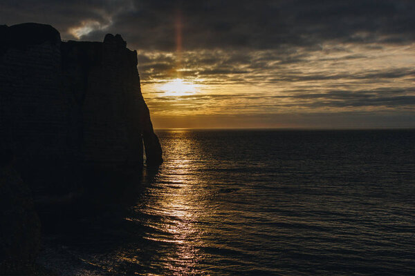 aerial view of beautiful sunset over the sea, Etretat, Normandy, France