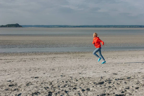 Stylish Young Woman Running Sandy Beach Saint Michaels Mount France — Stock Photo, Image