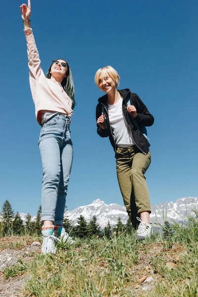 Nízký Úhel Pohledu Krásné Šťastné Ženské Cestujících Stáli Majestátních Horách — Stock fotografie zdarma