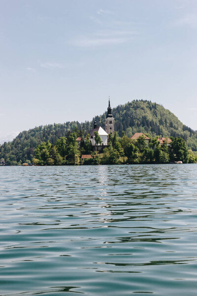 beautiful architecture and scenic lake in mountains, bled, slovenia