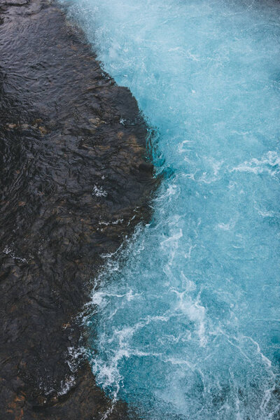 aerial view of beautiful blue water of Bruara river in Iceland