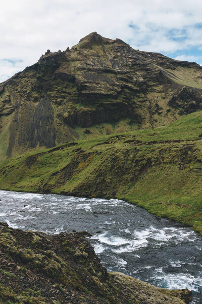 scenic view of beautiful Skoga river flowing through highlands in Iceland