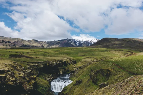 Letecký Pohled Krásné Skoga Řeka Protékající Vysočiny Islandu — Stock fotografie