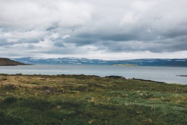 İzlanda'daki büyük göl üzerinde yeşil çayır ile doğal