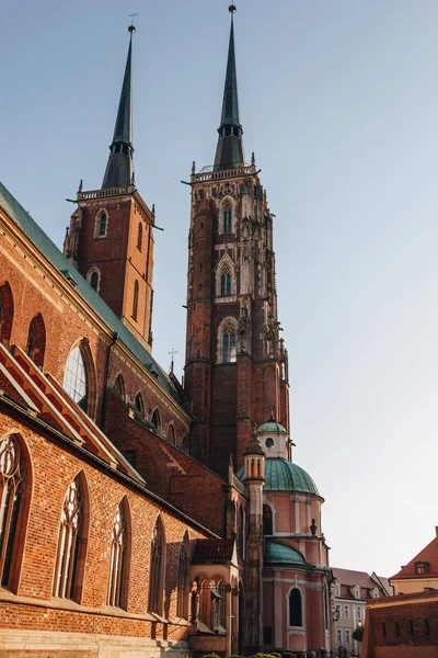 Vista inferior de la Catedral de San Juan Bautista, Wroclaw, Polonia - foto de stock