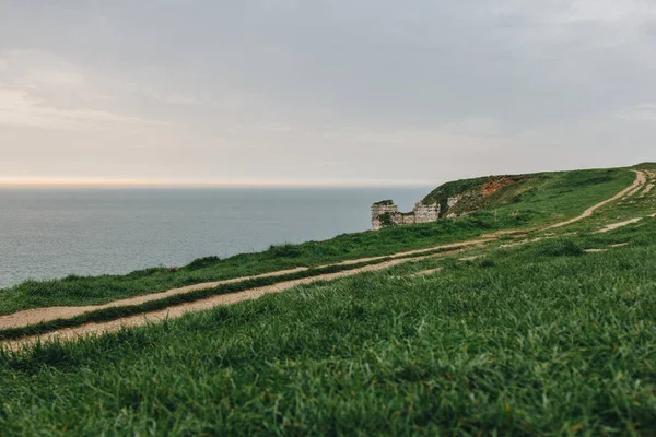 Beautiful green meadow on cliff over sea at Etretat, France — Stock Photo