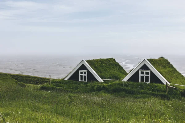 Ландшафт с черными фермерскими домами в Национальном парке Скафтафель в Исландии — стоковое фото