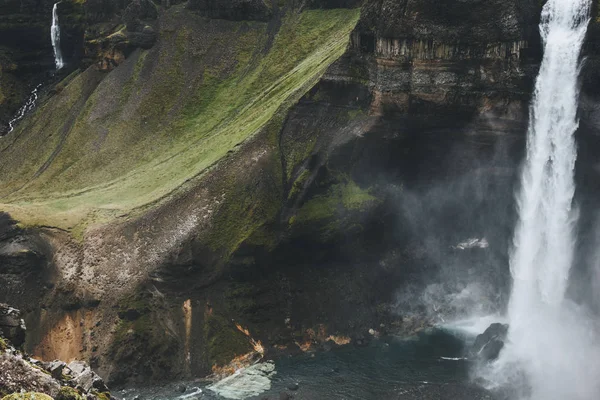 Aerial view of Haifoss waterfall and green hill, Iceland — Stock Photo