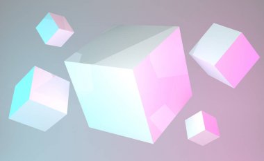 Neon ışıklarda parlak yansıtıcı malzeme küpleri. 3d render.