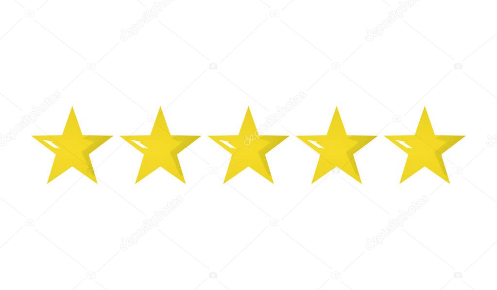3d illustration of five golden yellow stars in a row - best, top quality concept graphic representation