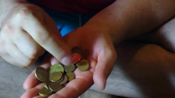 Die Europäische Währung Auf Der Hand Mann Zählt Einen Pfennig — Stockvideo