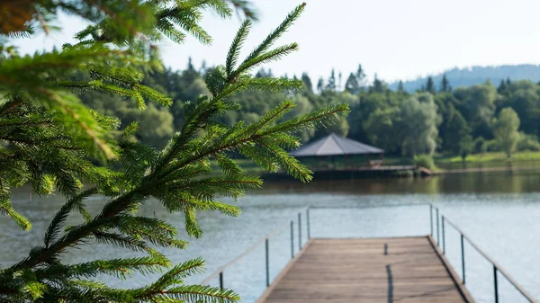 portrait. lake in mountainous terrain. gazebo in the middle of the lake