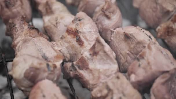 牛肉のケバブの調理。火鉢の屋外で肉を串刺しにする。閉じろ! — ストック動画